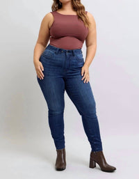Judy Blue - Mid Rise Raw Hem Skinny Denim Jeans - Plus