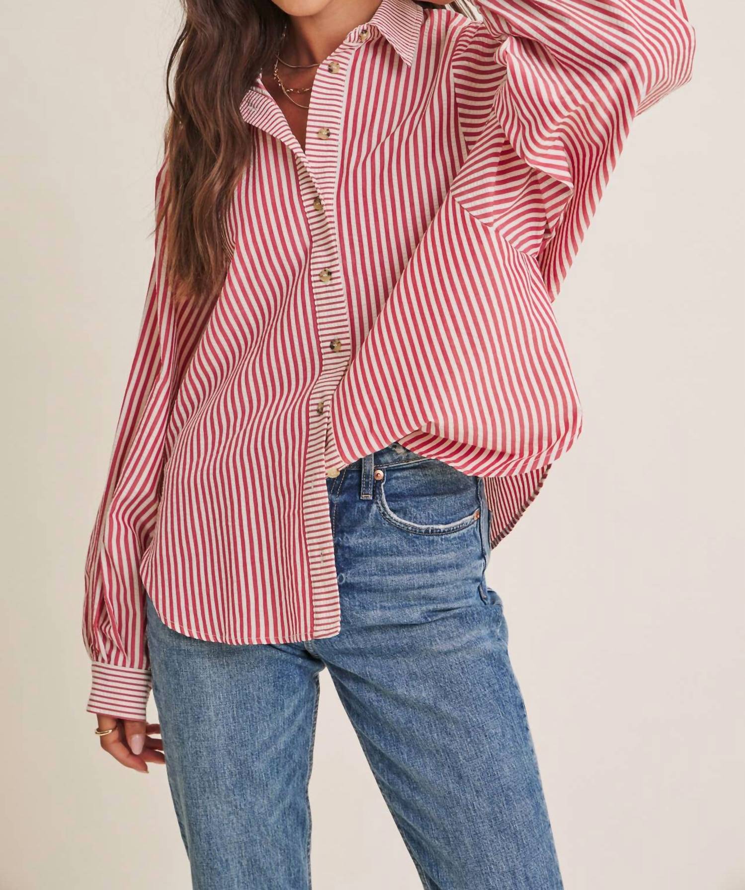 In February - French Cafe Effortless Drape Batwing Button-down Shirt