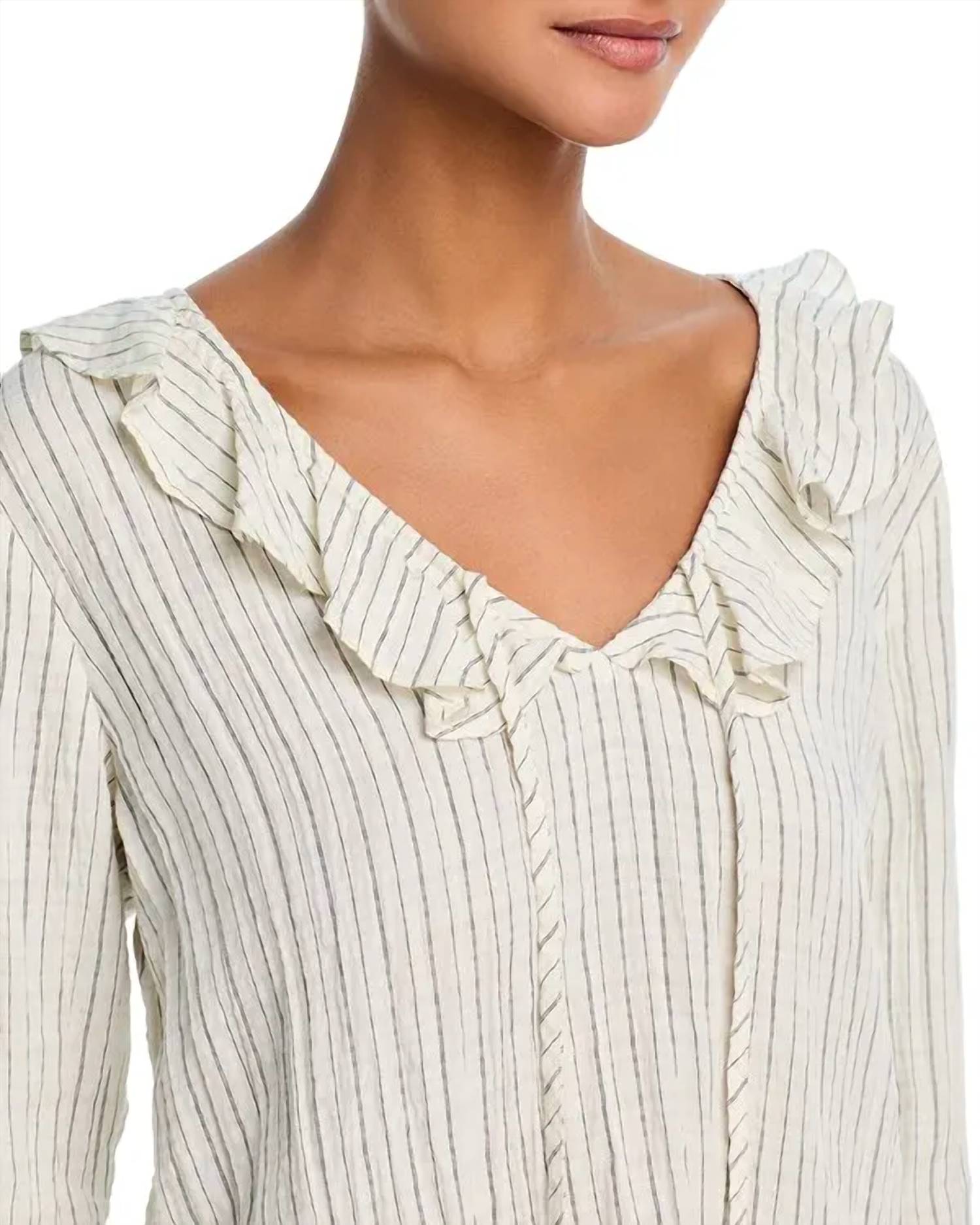 Bella Dahl Tie Ruffle Neck Top in ecru black pinstripe - women's long sleeve top - alternate view