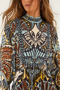 Farm Rio - Long Sleeve High Neck Flared Skirt Mini Dress