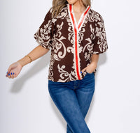 THML Abstract Print Puff Sleeve Top in brown - women's blouse - view 6