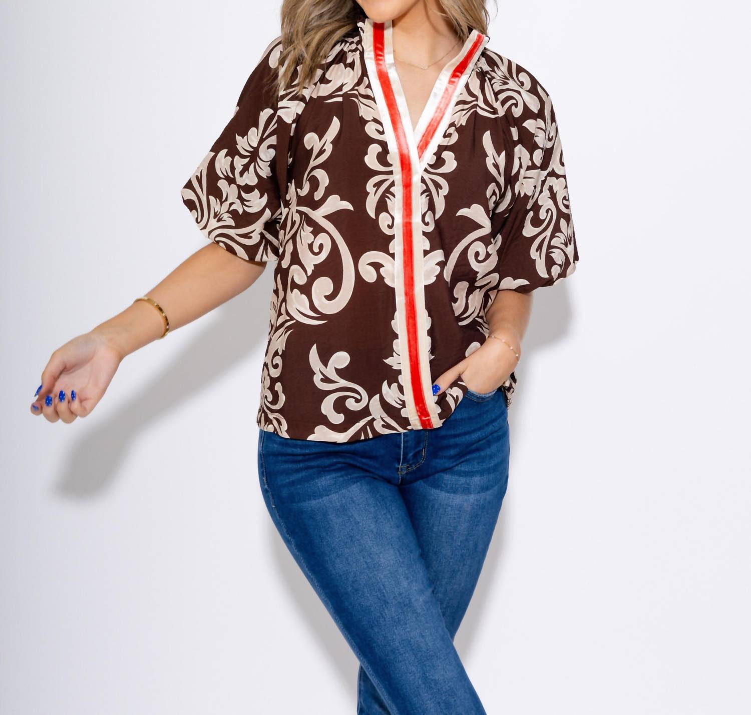 THML Abstract Print Puff Sleeve Top in brown - women's blouse - view 6