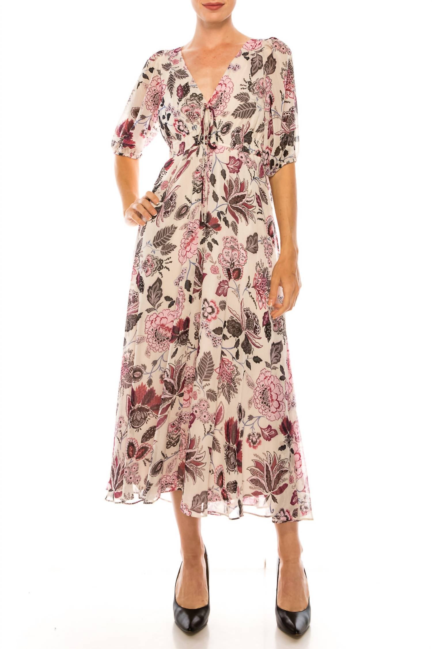 Maison Tara - Paisley Print Puff Short Sleeve Maxi Dress