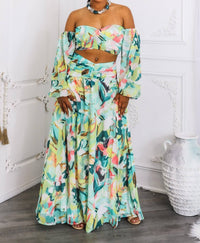 Surelymine - Tropical Floral Puff Sleeve Two-Piece Set with Slit Skirt