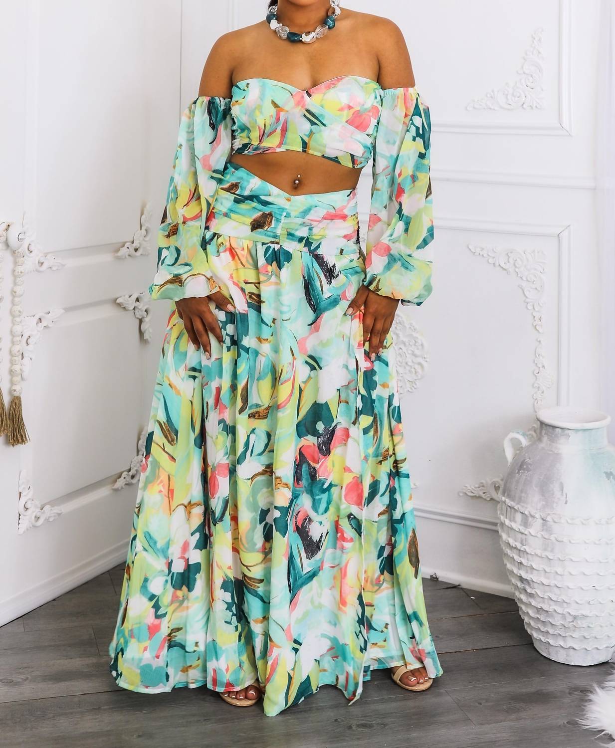 Surelymine - Tropical Floral Puff Sleeve Two-Piece Set with Slit Skirt