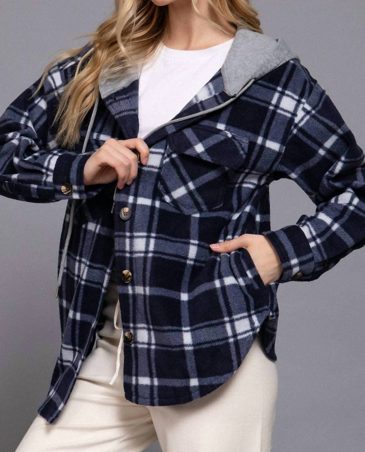 Active Basic - Long Sleeve Plaid Button Down With Hoodie Jacket