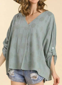 umgee Polka Dot Detail V-neck Top With Adjustable Sleeves in mint - women's blouse