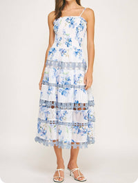 Strut & Bolt - Floral Print Smocked Lace Trim Midi Dress