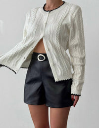 Anaz Contrast Trim Cable Knit Cardigan in off white - women's cardigan - detail view