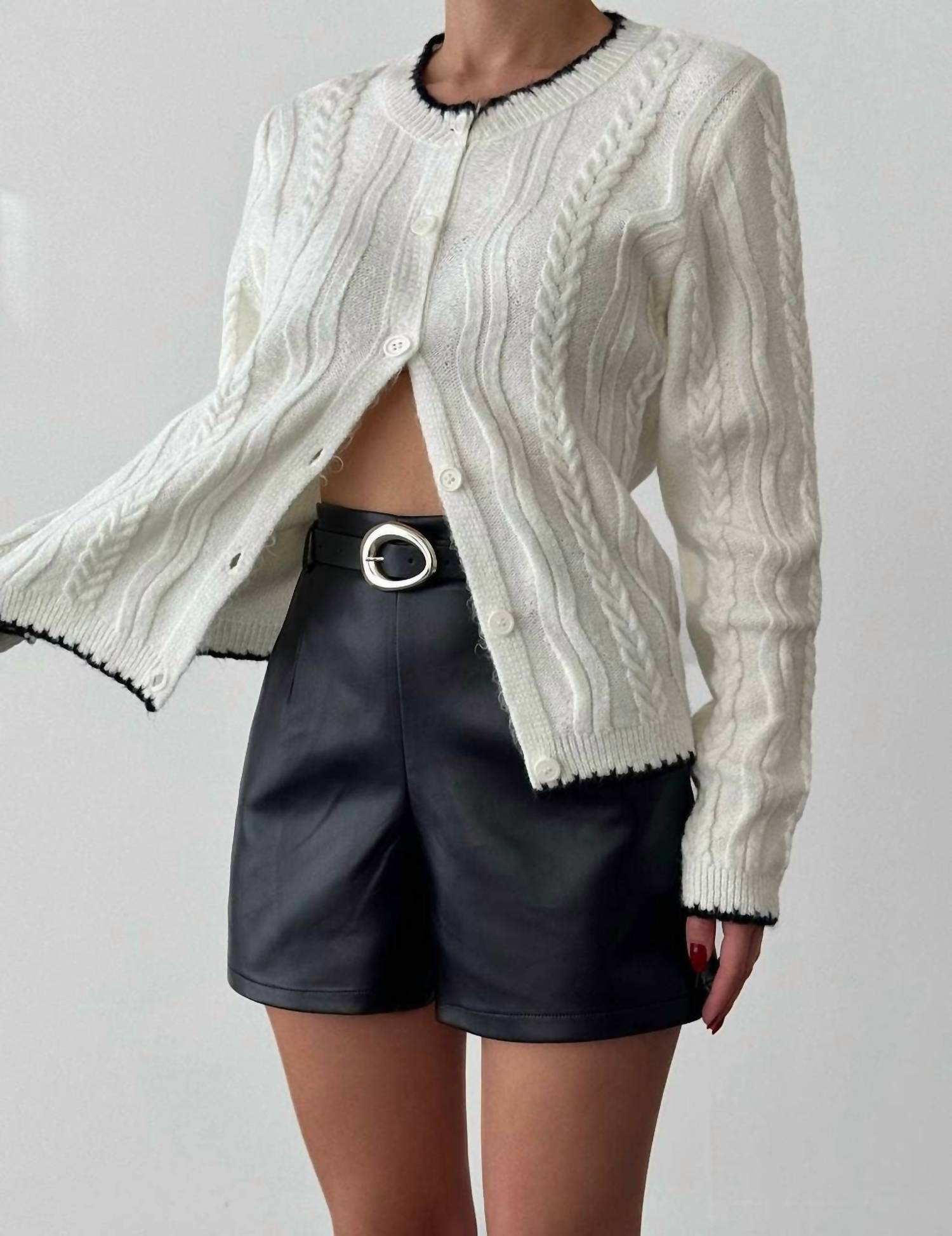 Anaz Contrast Trim Cable Knit Cardigan in off white - women's cardigan - detail view