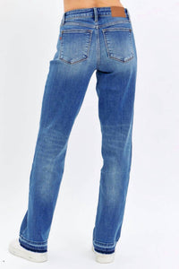 Judy Blue Mid Rise Release Hem Dad Denim Jeans in blue - women's jeans - detail view