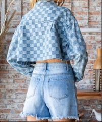 Veveret - Denim Check Print Crop Shirt Jacket