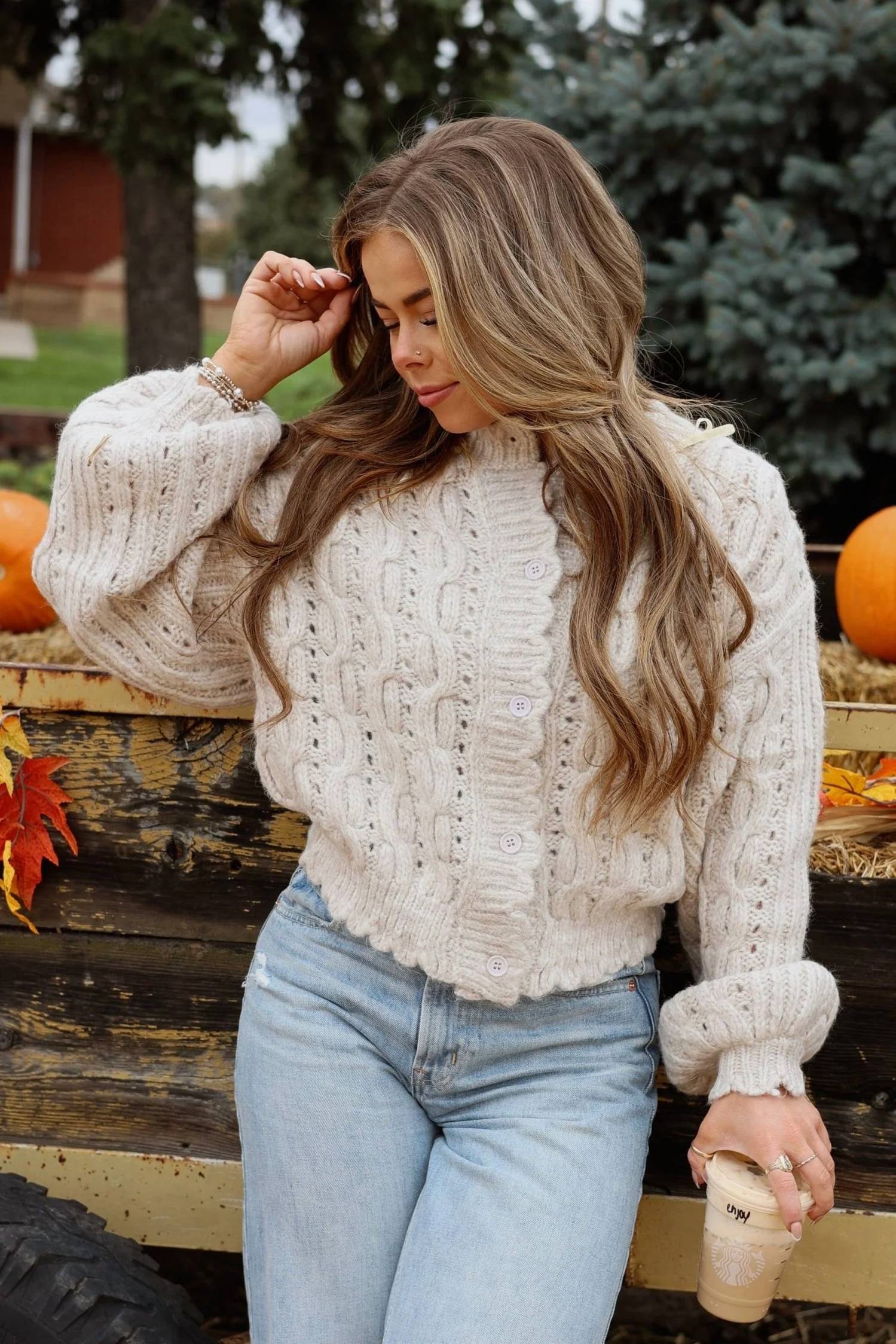 Miou Muse - Emilia Scalloped Cable Knit Balloon Sleeve Cardigan
