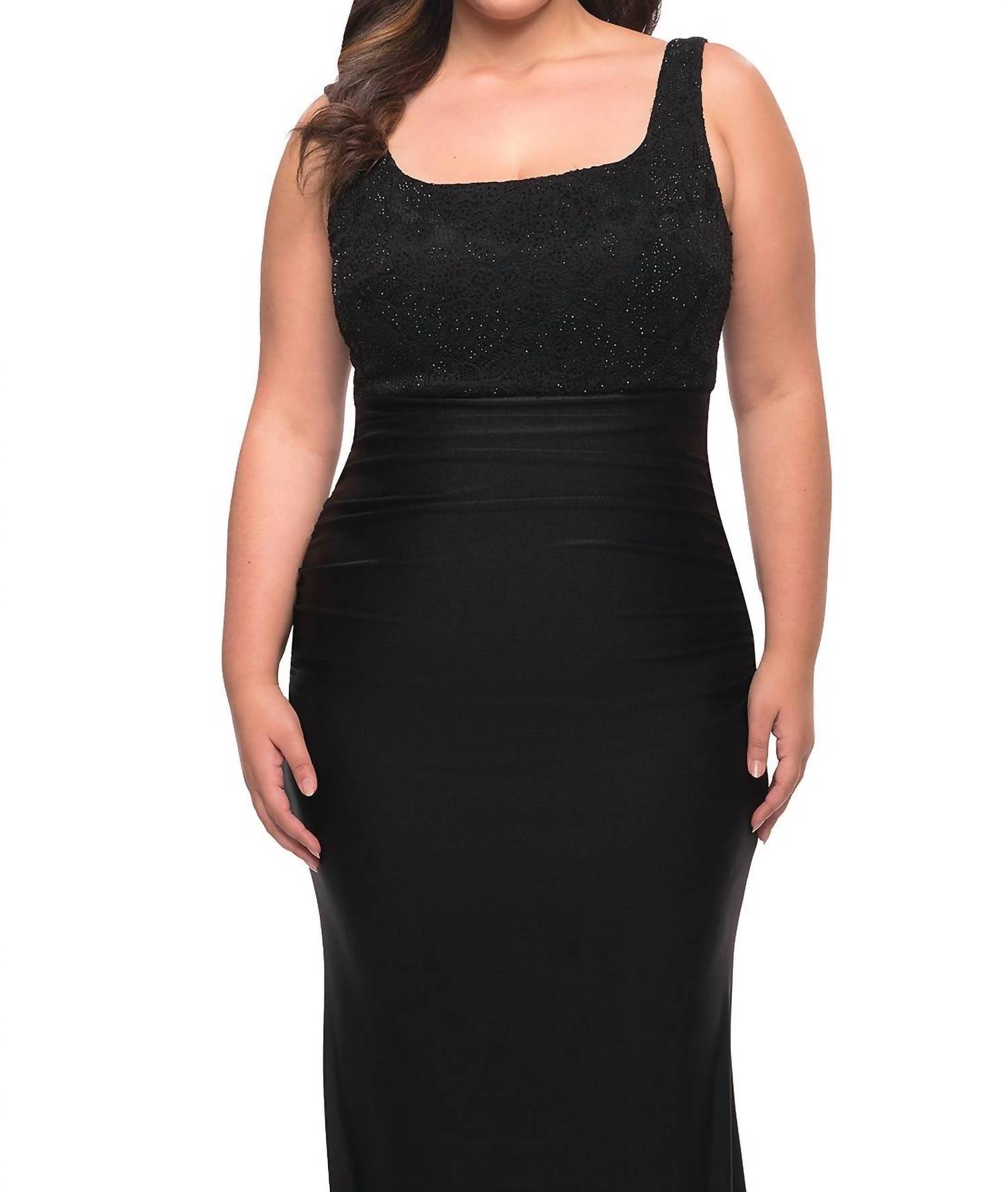 La Femme - Squareneck Jersey Skirt And Lace Bodice Gown