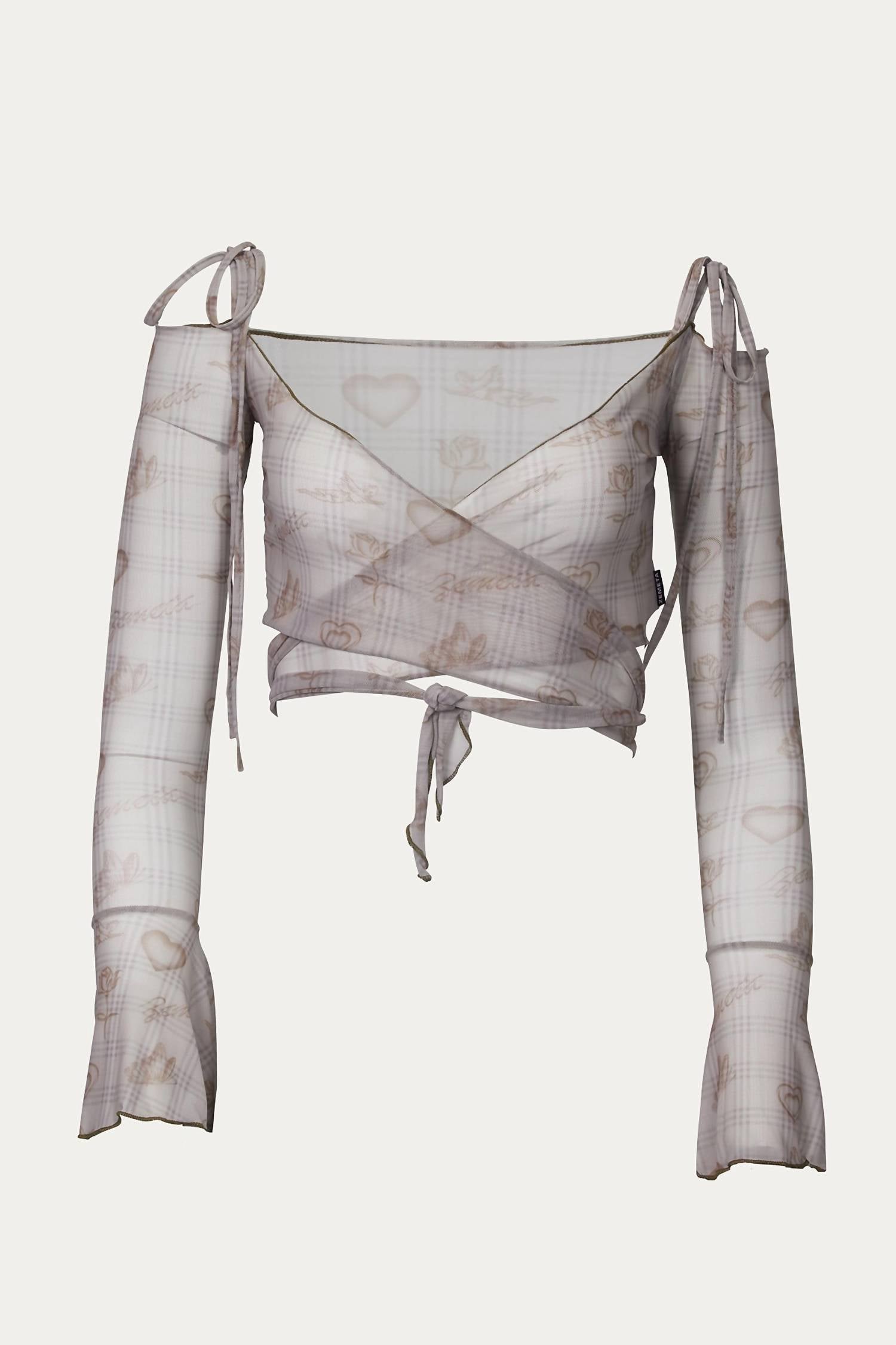 CUPID HEART-PRINT SHEER MESH CROPPED WRAP TOP
