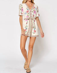 lalavon Floral Tie Waist Puff Sleeve Romper in off white pink multi - women's pants - view 5