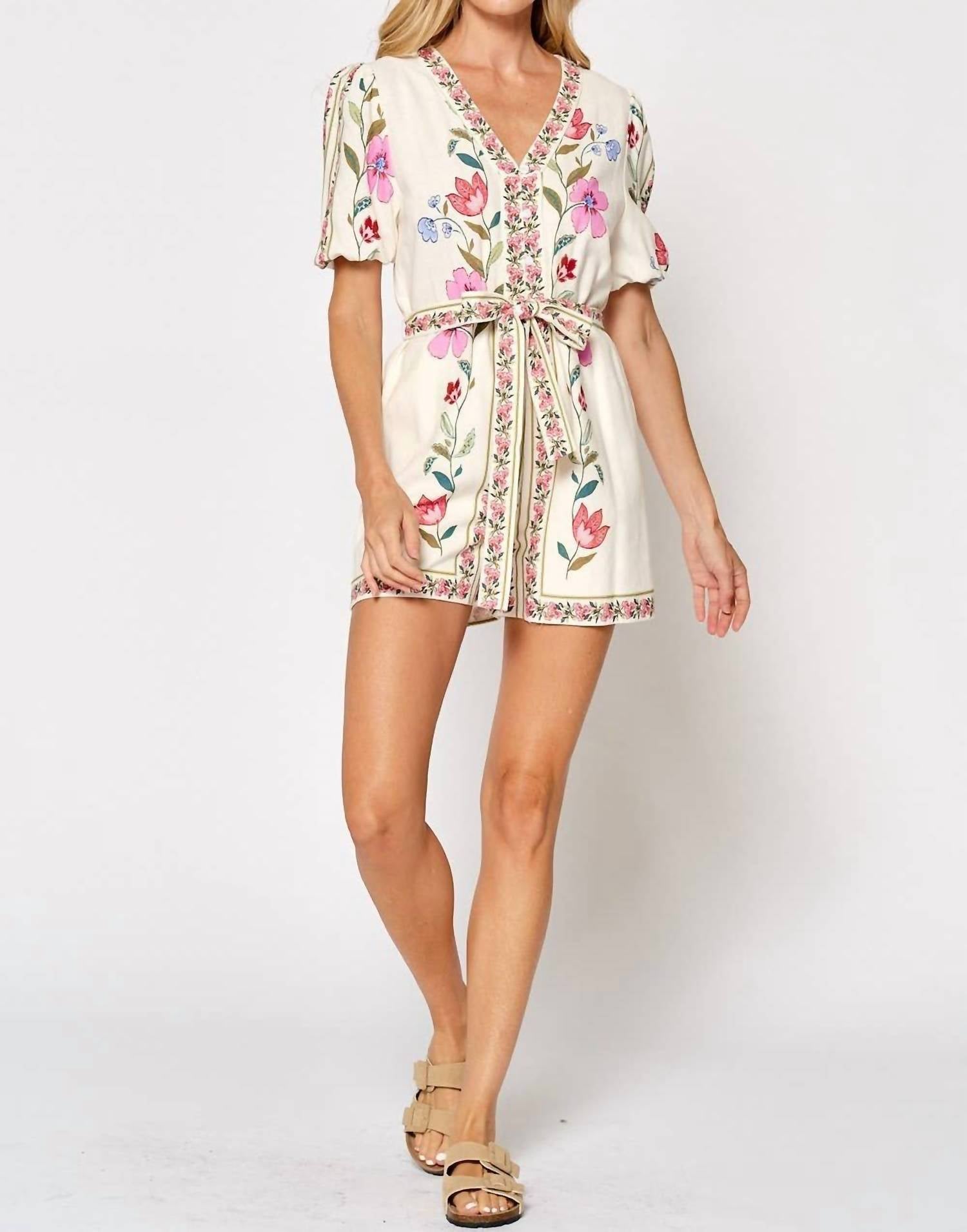 lalavon Floral Tie Waist Puff Sleeve Romper in off white pink multi - women's pants - view 5