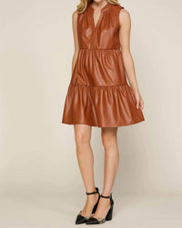Skies Are Blue - Sleeveless Vegan Leather Tiered V-neck Dress