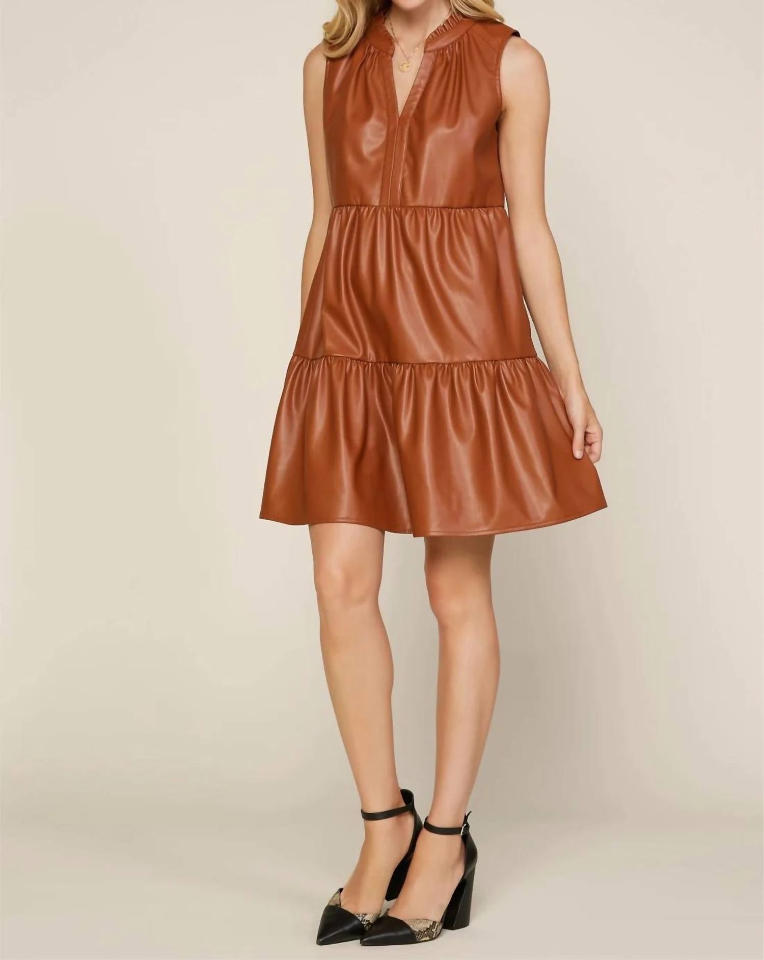 Skies Are Blue - Sleeveless Vegan Leather Tiered V-neck Dress
