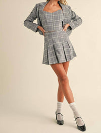 Klesis - Plaid Crop Top, Cropped Blazer, And Pleated Mini Skirt