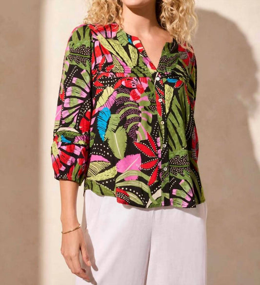 Tribal - 3/4 Sleeve Button-front Blouse With Pleats