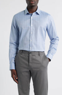 Scott Barber Melange Dobby Pane Long Sleeve Shirt in blue - men's shirt