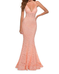 La Femme Sequin Lace Prom Dress in peach - women's dress