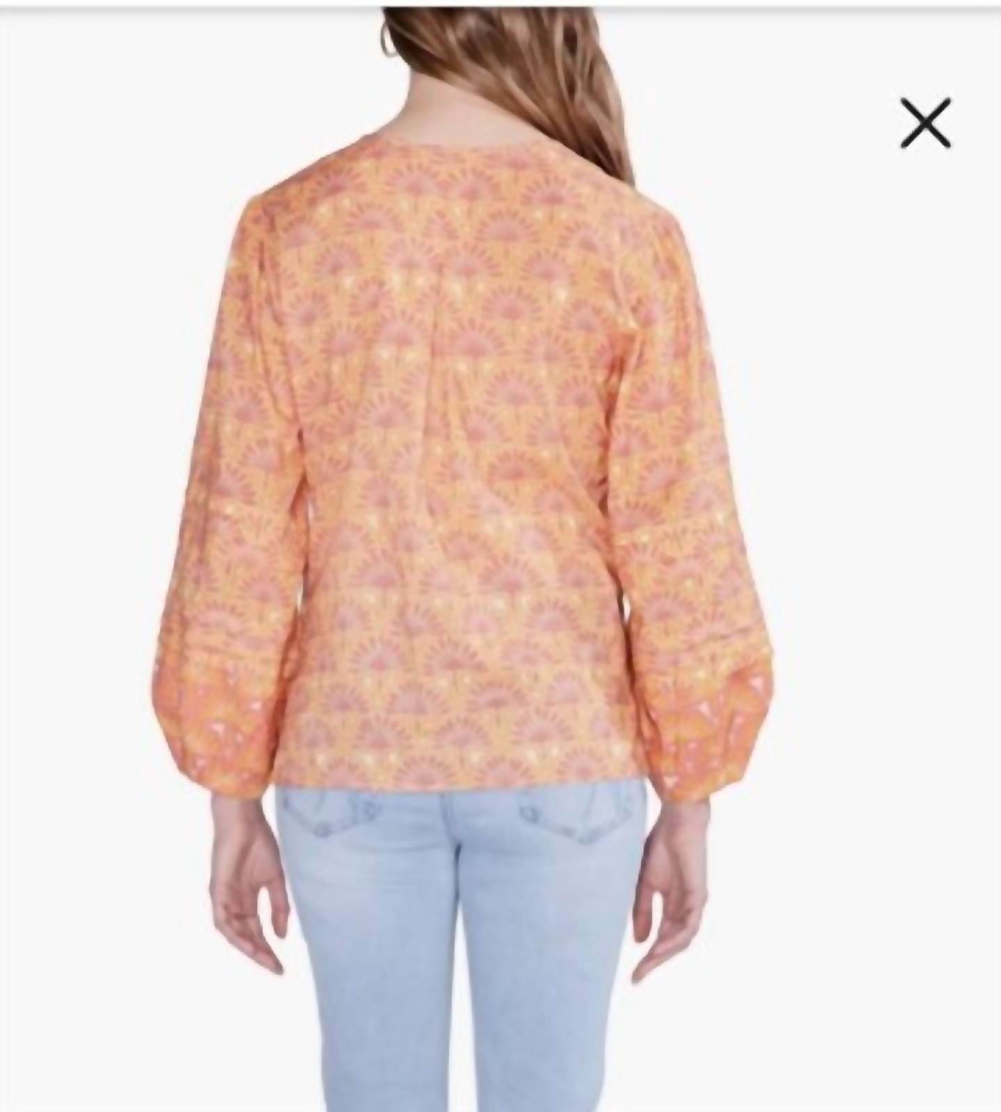 Nic + Zoe Women's Swan Rays Necktie Boho Top in orange multi - women's long sleeve top - detail view