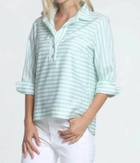 Hinson Wu Aileen 3/4 Sleeve Pastel Stripe Gingham Button Back Blouse in mint green - women's blouse