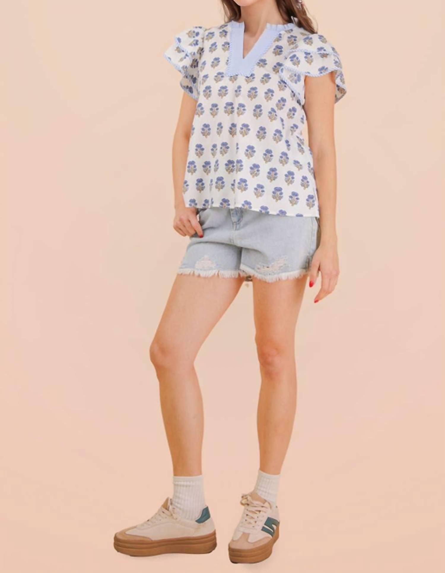 Very J - Ruffle Sleeve Printed Woven Blouse Top