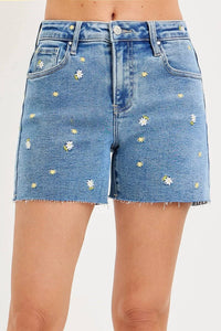 Risen - Floral Embroidered Denim Shorts