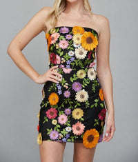 Fate All Over Flower Appliqué Strapless Dress in black multi - women's dress - detail view