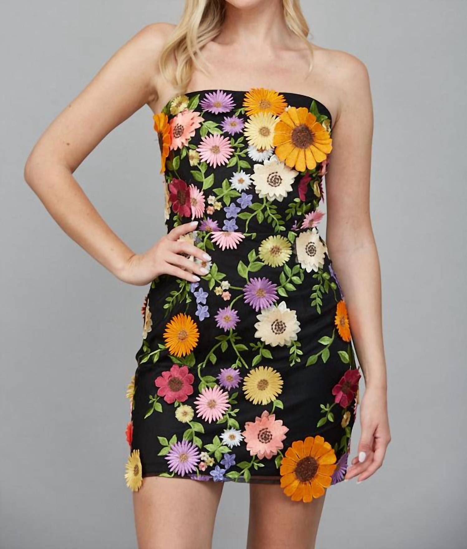Fate All Over Flower Appliqué Strapless Dress in black multi - women's dress - detail view