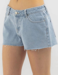 Rusty Malta Low Rise Denim Short in sky blue heather - women's shorts - detail view