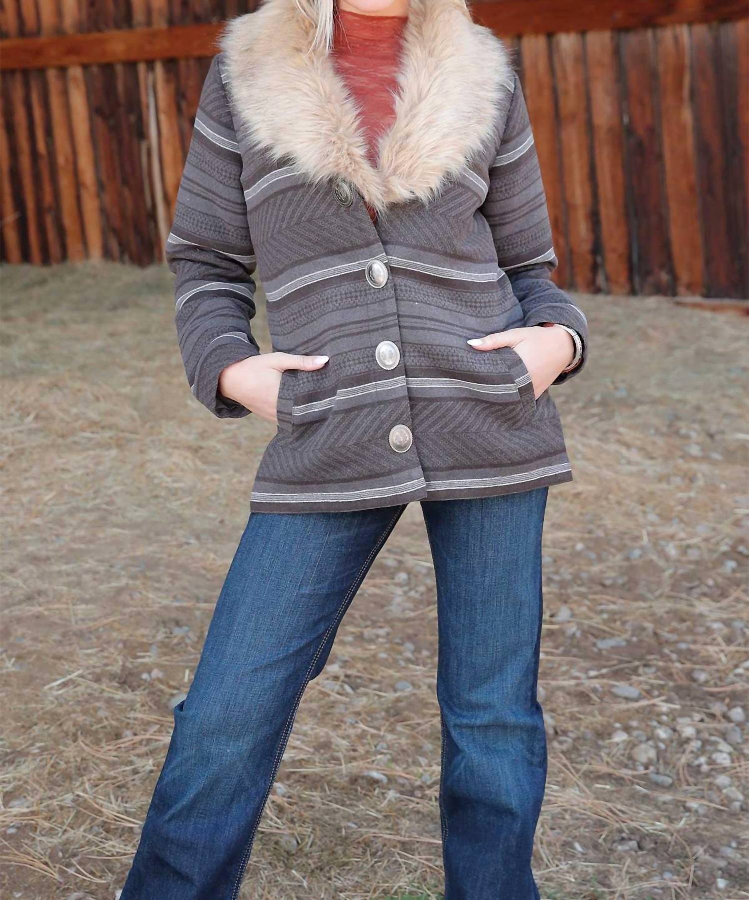 CINCH Ladies Jacket Western Stripe Button Below the Waist in grey - women's jacket