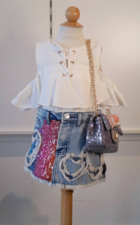 Sara Sara - Girl's Denim Skirt With Sequin And Heart Details