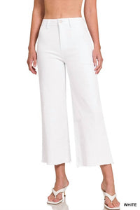 ZENANA Acid Wash Frayed Hem Cropped Straight Pants in white - women's pants