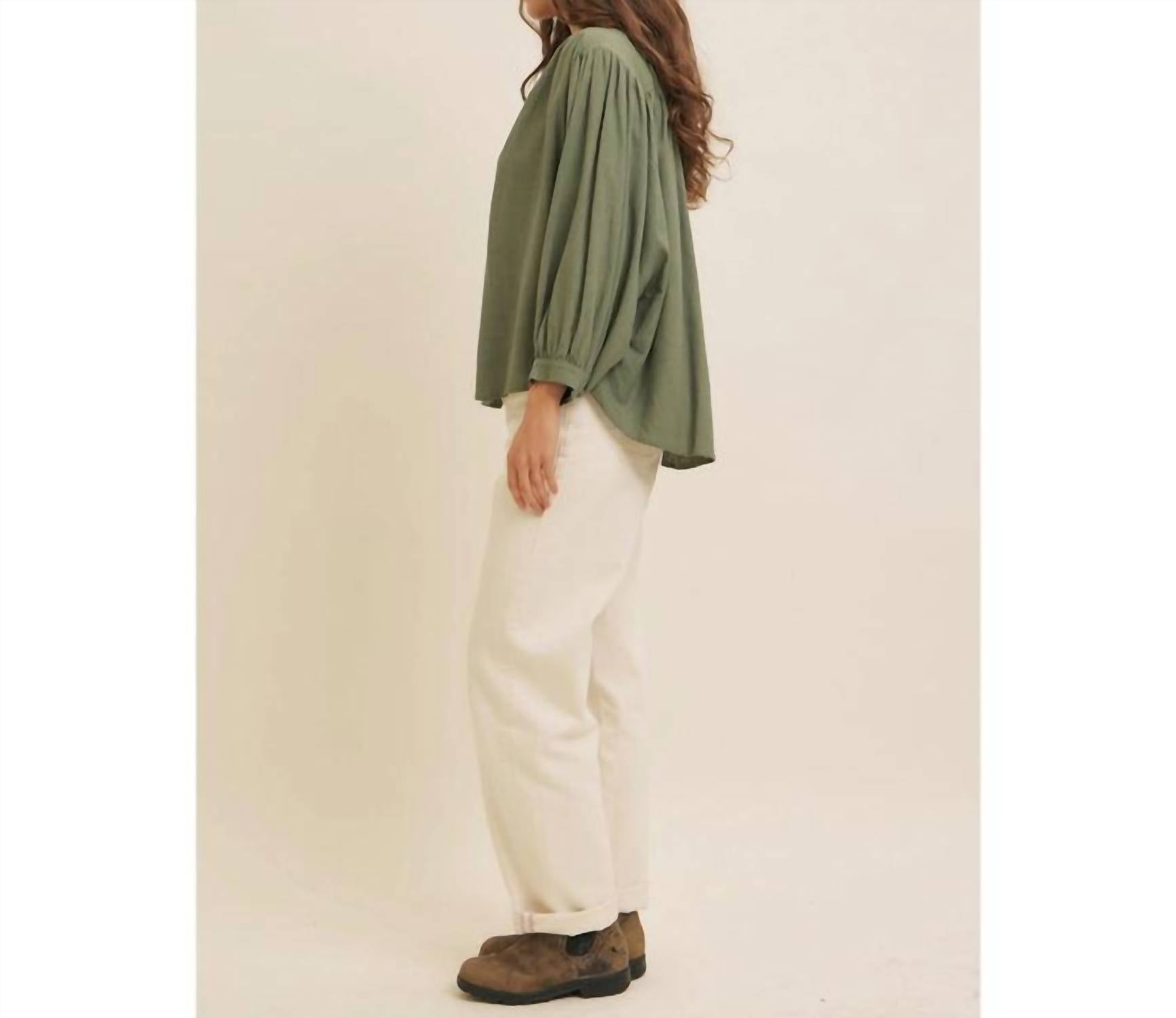 In February Francine Linen Blend Button Down Blouse in green - women's blouse - alternate view