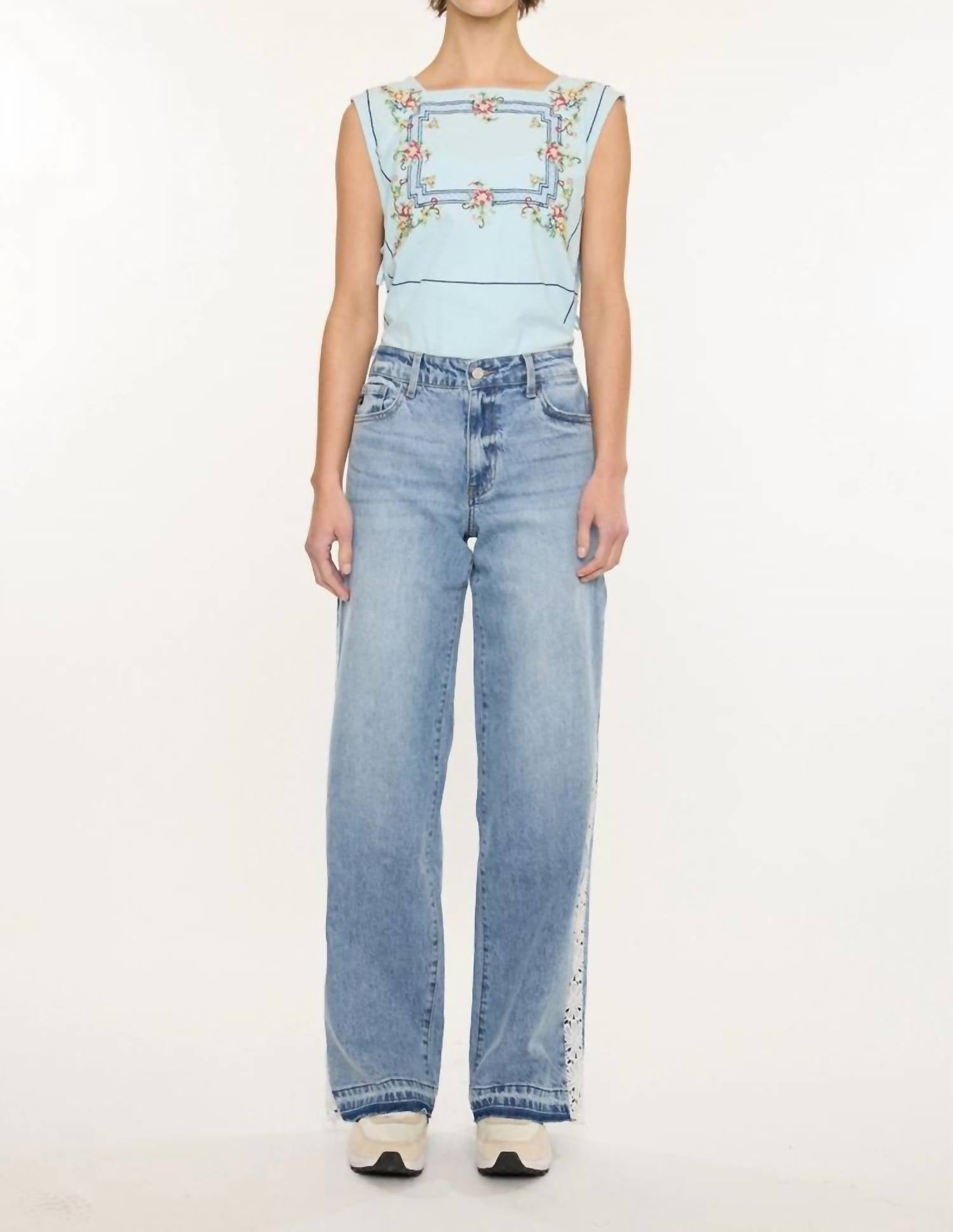 Kancan - High Rise Lace Trim Wide Leg Jean