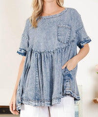Blue Velvet Babydoll Washed Top With Pockets in blue - women's blouse
