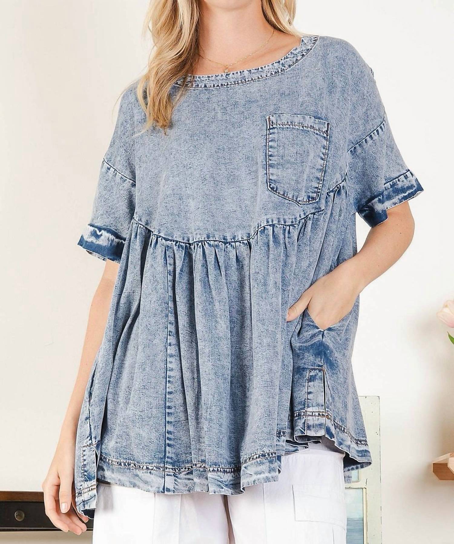 Blue Velvet Babydoll Washed Top With Pockets in blue - women's blouse
