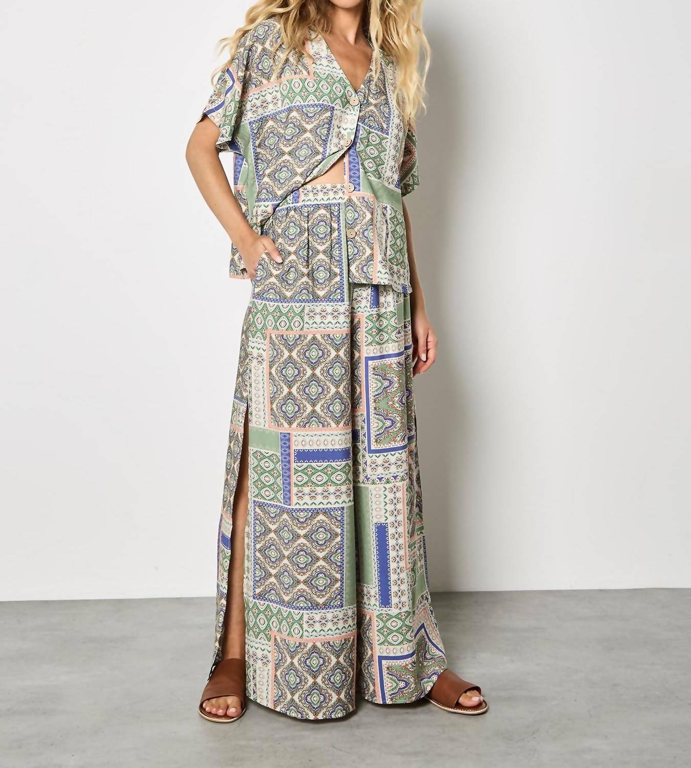 Apricot - Folk Patchwork Wide Leg Trousers