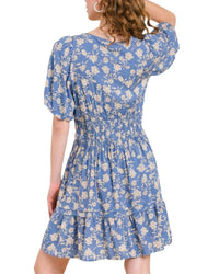 Umgee - Split Neck Floral Puff Sleeve Dress With Smocked Waistband