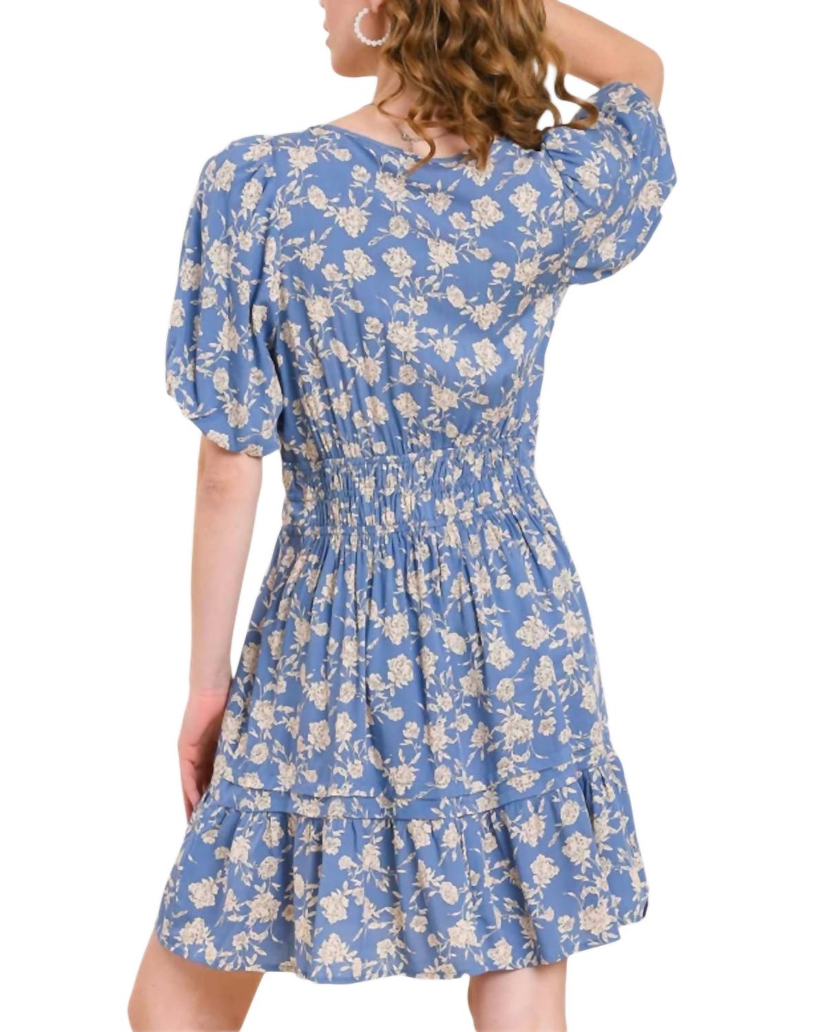 Umgee - Split Neck Floral Puff Sleeve Dress With Smocked Waistband