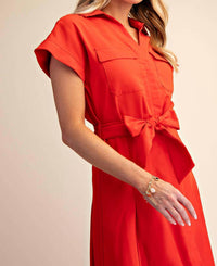 Glam - Collar V-neck Button Down Midi Dress