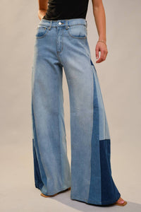 Blue B - High Rise Super Wide Leg Color Block Jeans