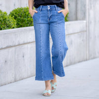 LOVERVET High Rise Button Wide Jean in medium blue wash - women's jeans