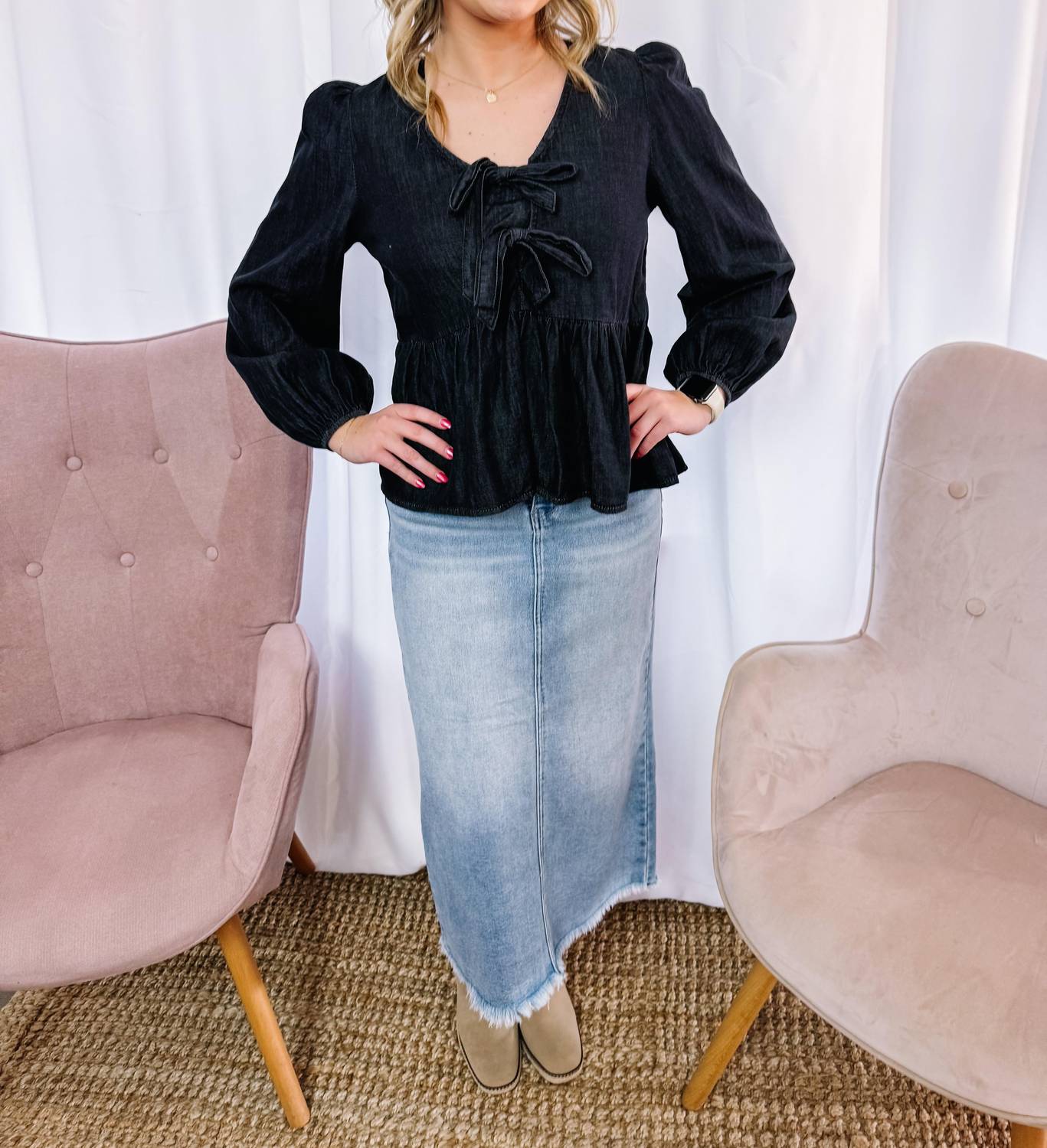 Anniewear - Deaunn Denim Tie Front Peplum Blouse