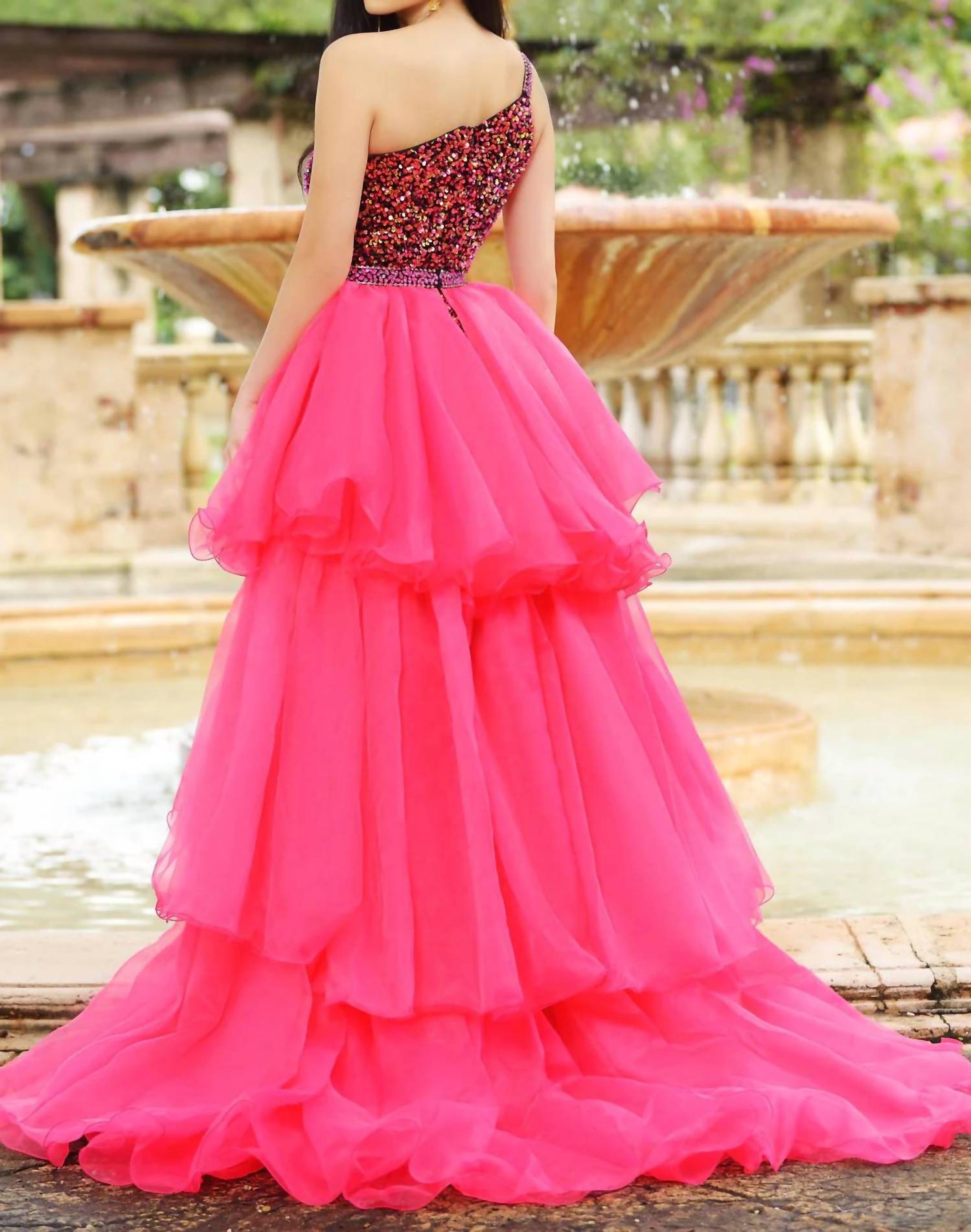 Ava Presley - Asymmetrical Sequin Gown With Multi-tiered Overlay Skirt