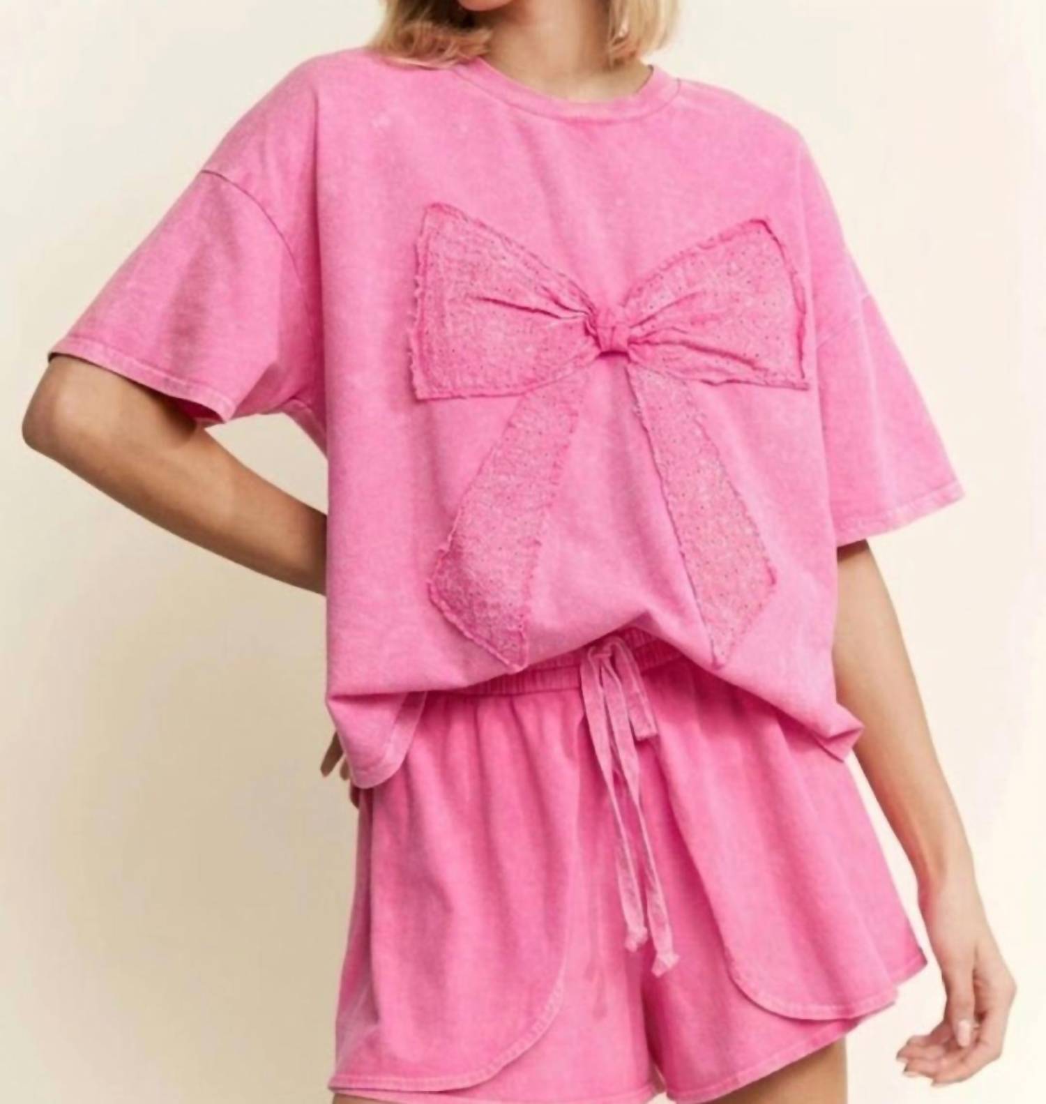 J.Her Mineral Wash Lightweight Shorts in bubble gum pink - women's shorts - detail view